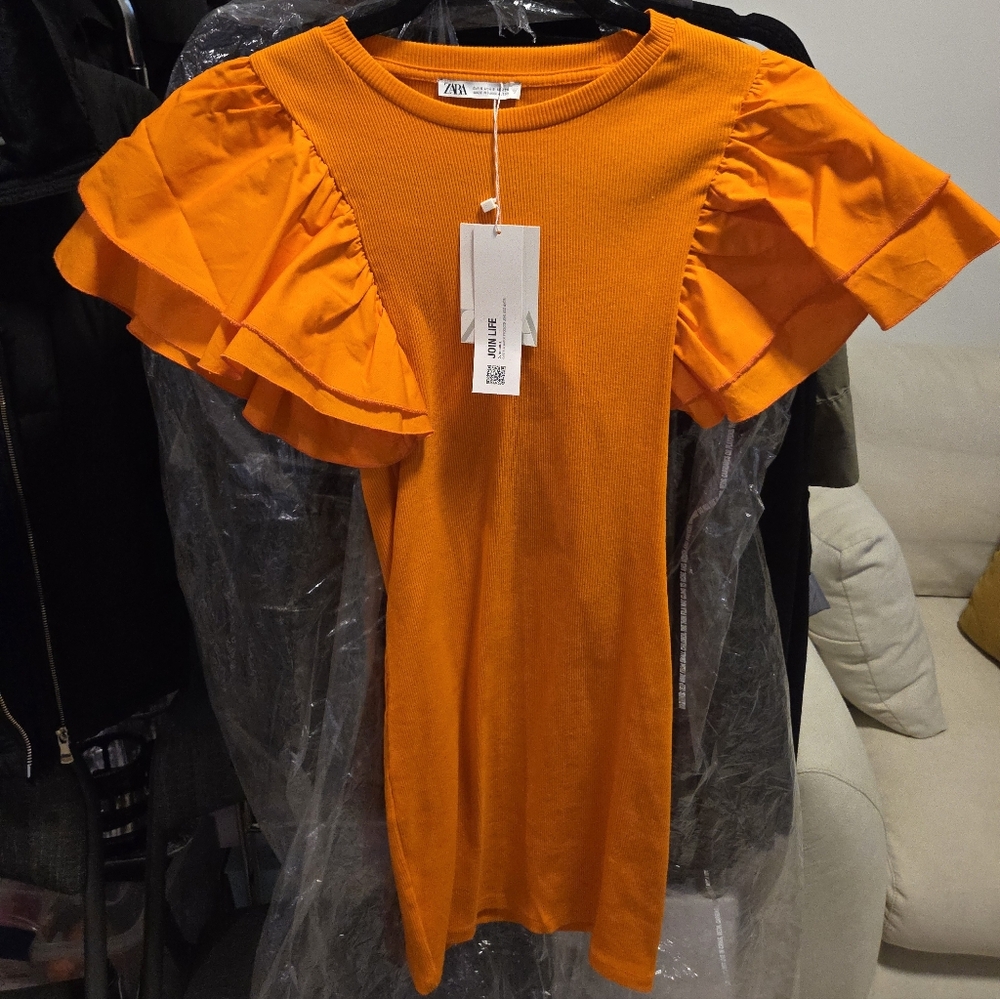 Zara Vibrant Orange Ruffle Sleeve Blouse